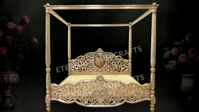 Carved German Silver Canopy Bed | Eternal Handicrafts