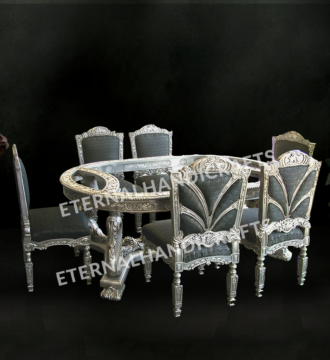Silver Dining Table Set with Grey Cushioned Chairs | Eternal Handicrafts