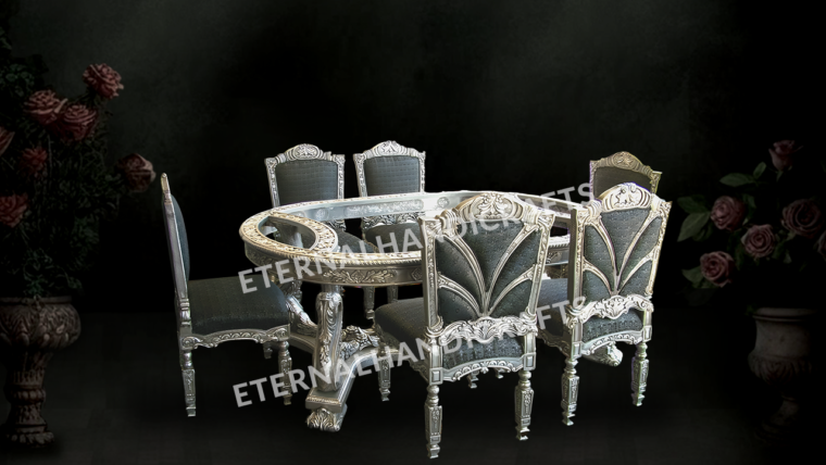 Silver Dining Table Set with Grey Cushioned Chairs | Eternal Handicrafts