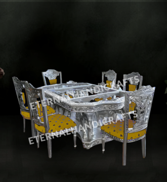 Silver Dining Table Set with Yellow Cushioned Chairs | Eternal Handicrafts