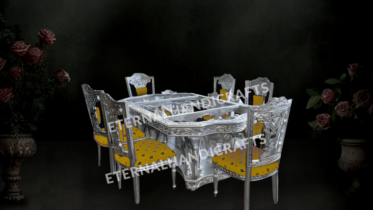 Silver Dining Table Set with Yellow Cushioned Chairs | Eternal Handicrafts