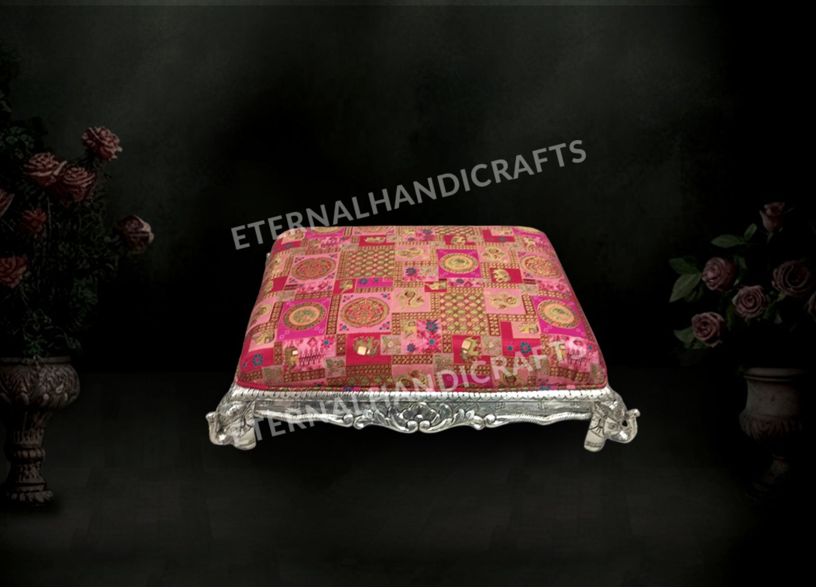 Silver Pattern Cushioned Chowki