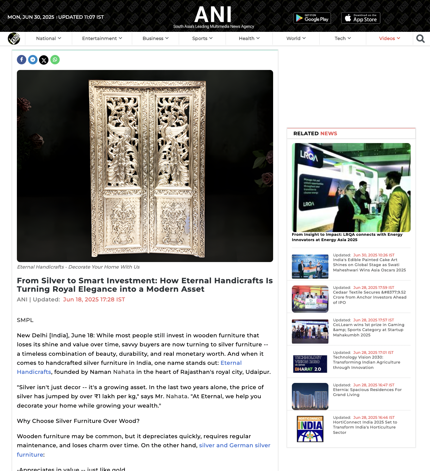 Article publish in ANI | Eternal Handicrafts