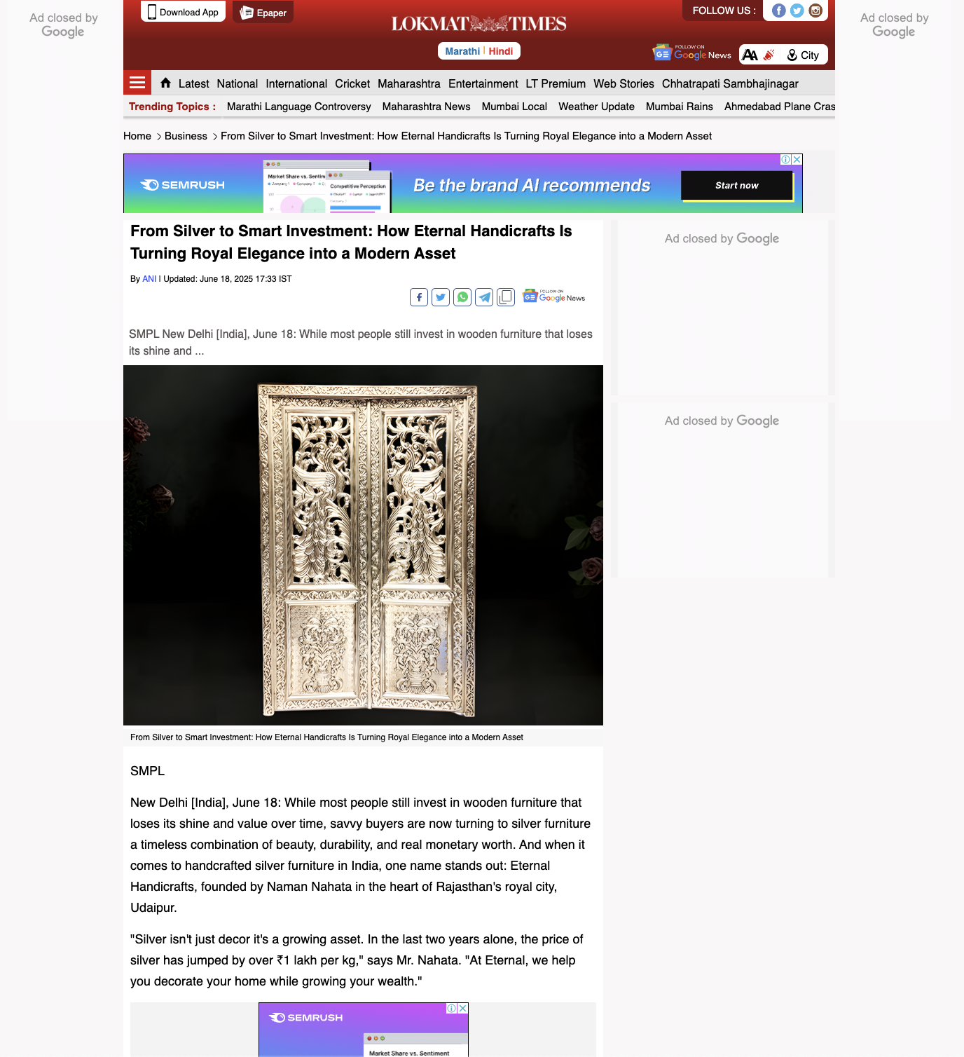 Article publish News | Eternal Handicrafts