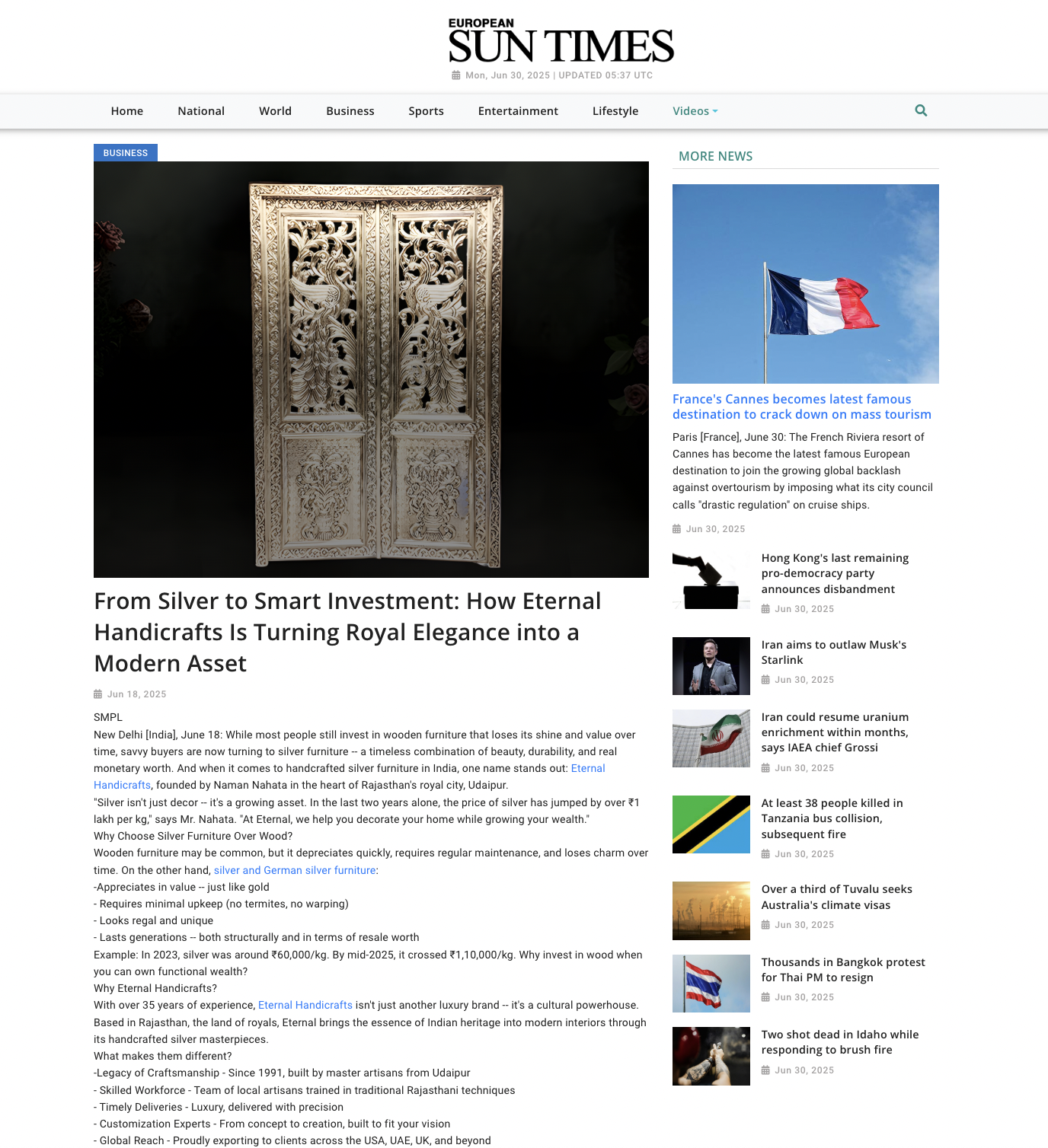 Article publish News | Eternal Handicrafts