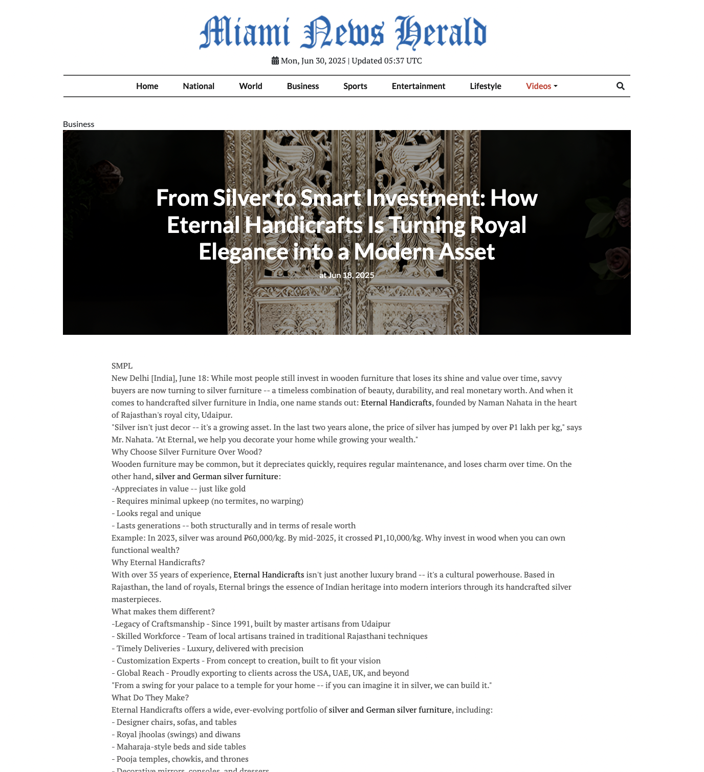 Article publish News | Eternal Handicrafts