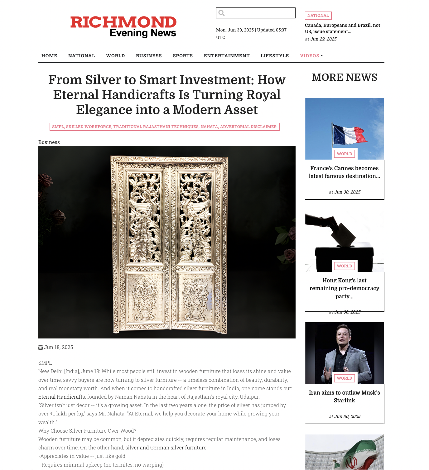 Article publish News | Eternal Handicrafts
