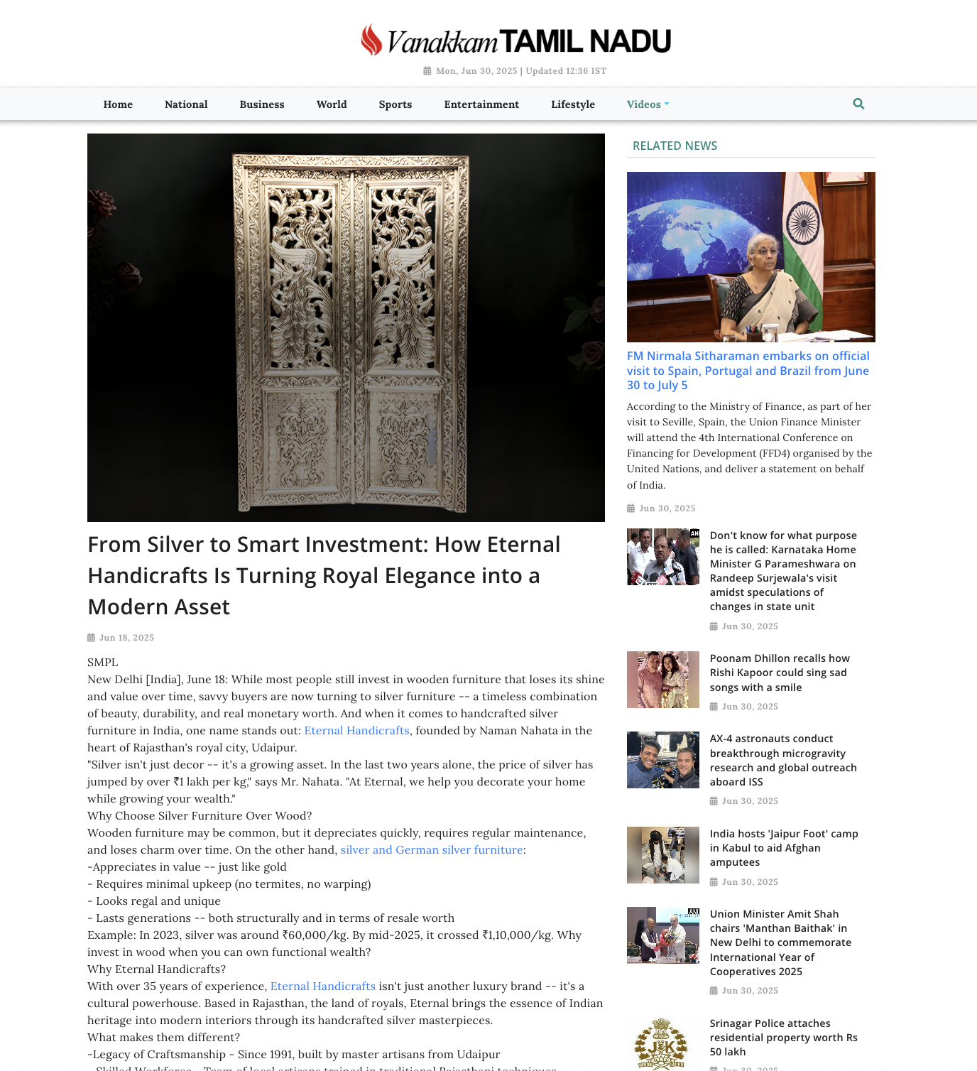 Article publish News | Eternal Handicrafts