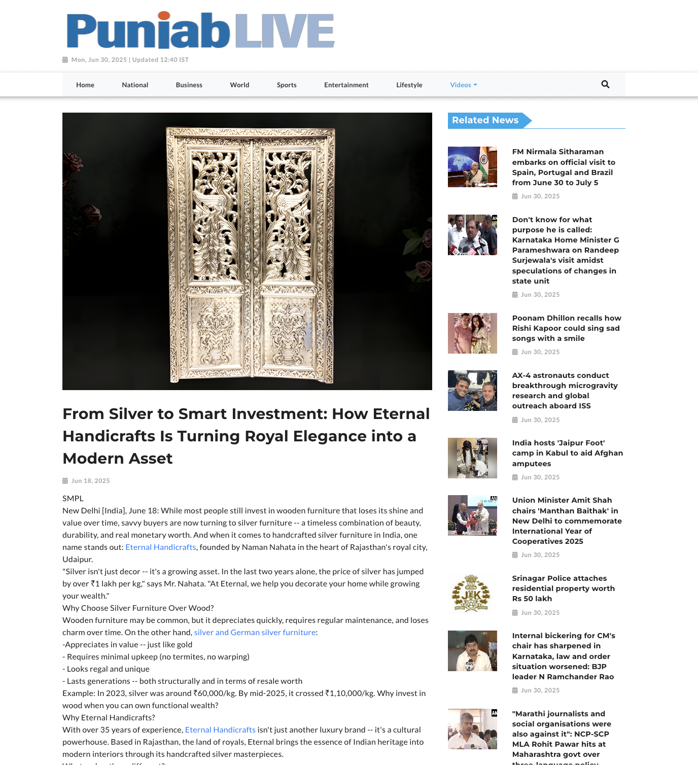 Article publish News | Eternal Handicrafts