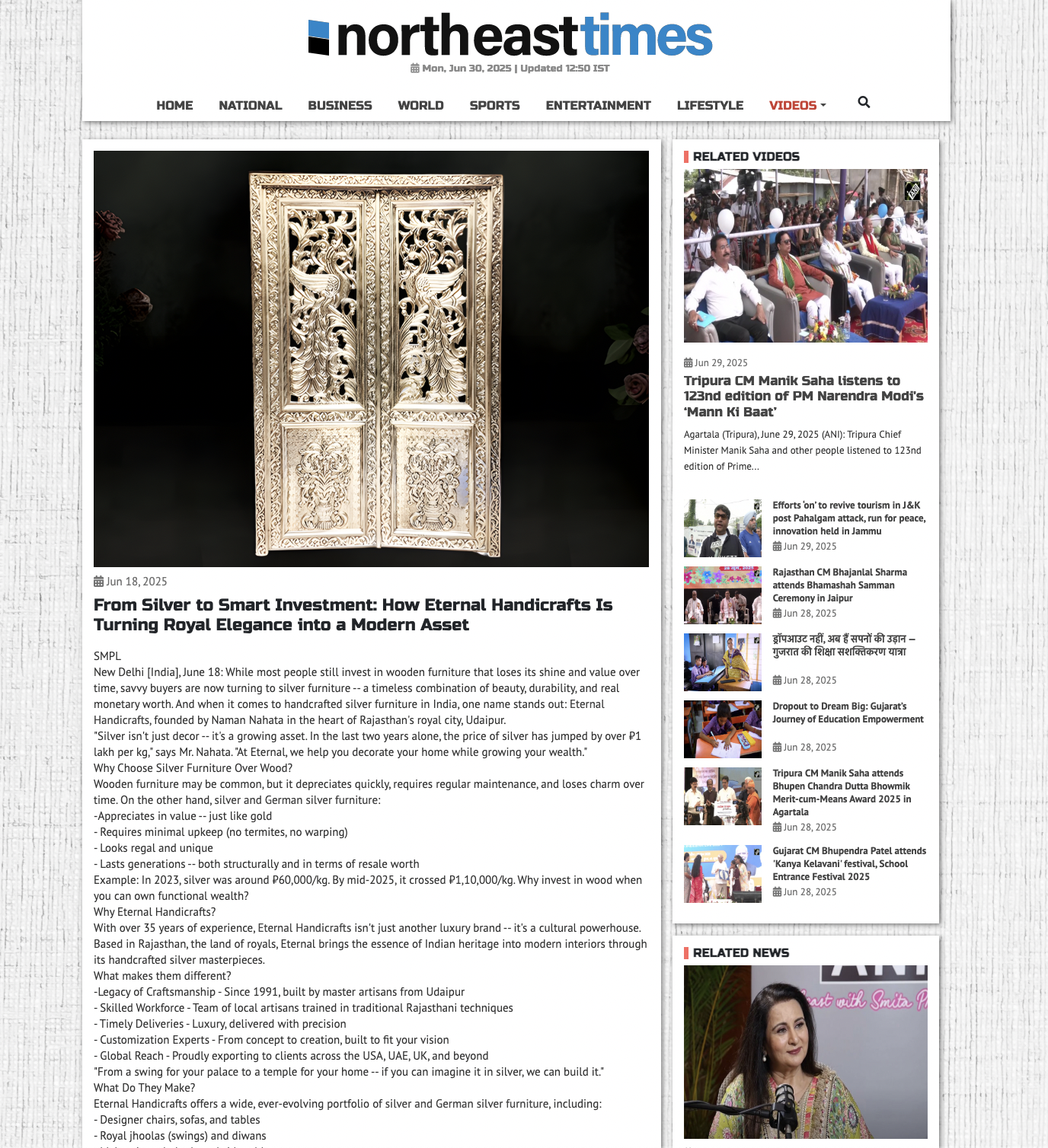 Article publish News | Eternal Handicrafts