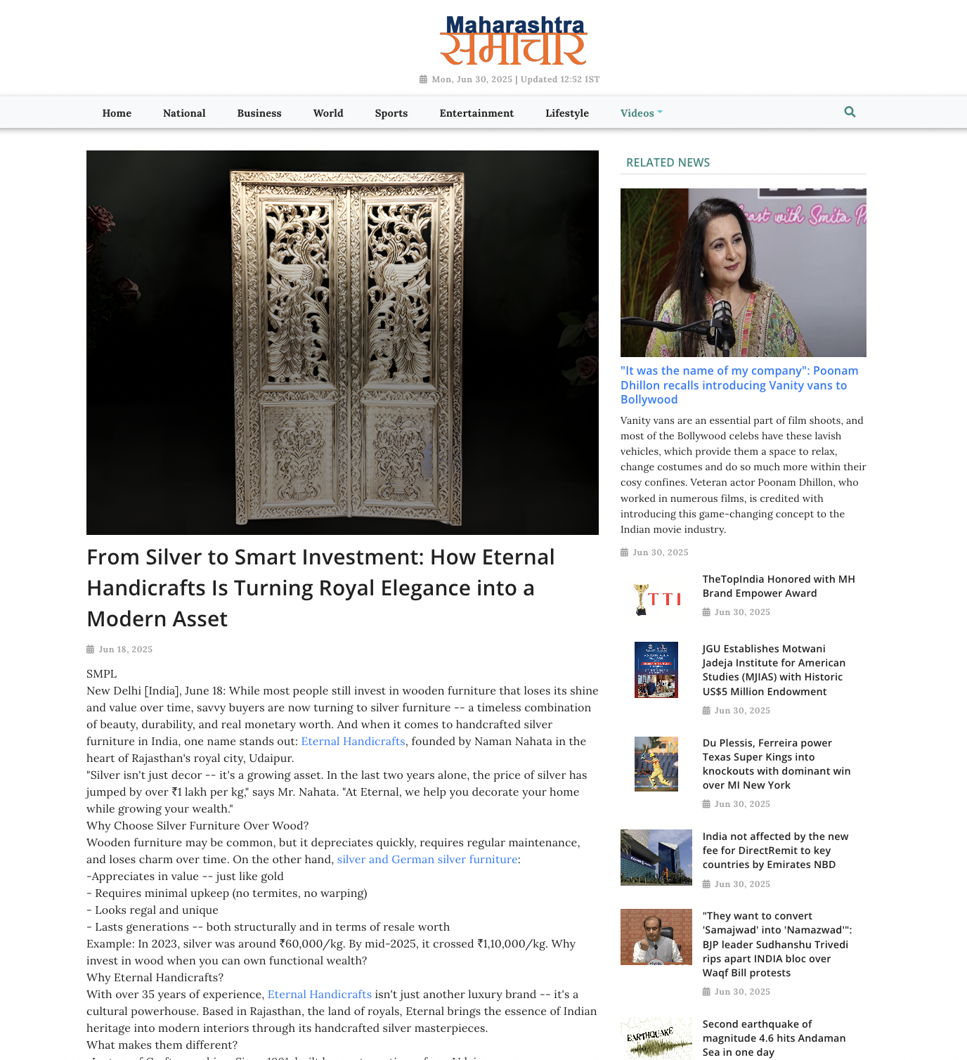 Article publish News | Eternal Handicrafts