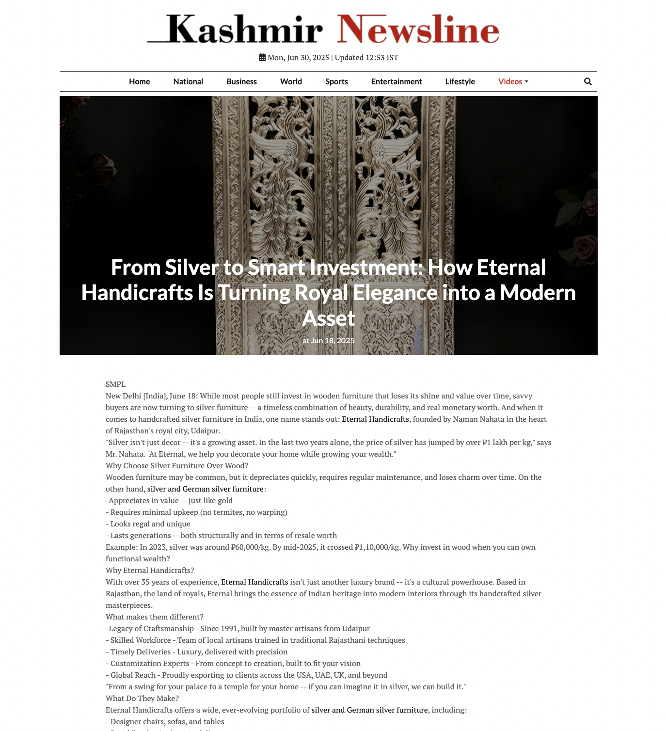 Article publish News | Eternal Handicrafts