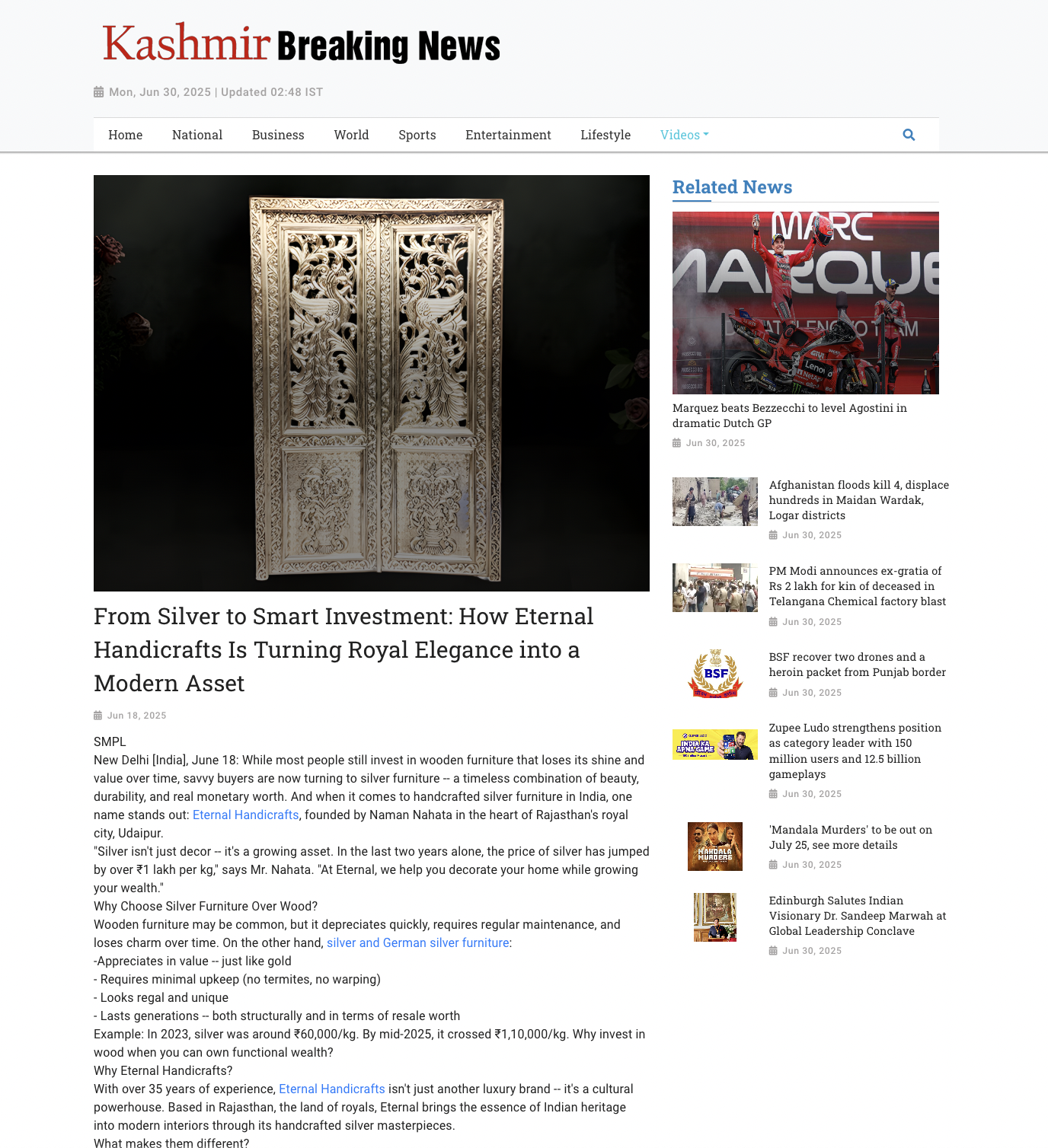 Article publish News | Eternal Handicrafts