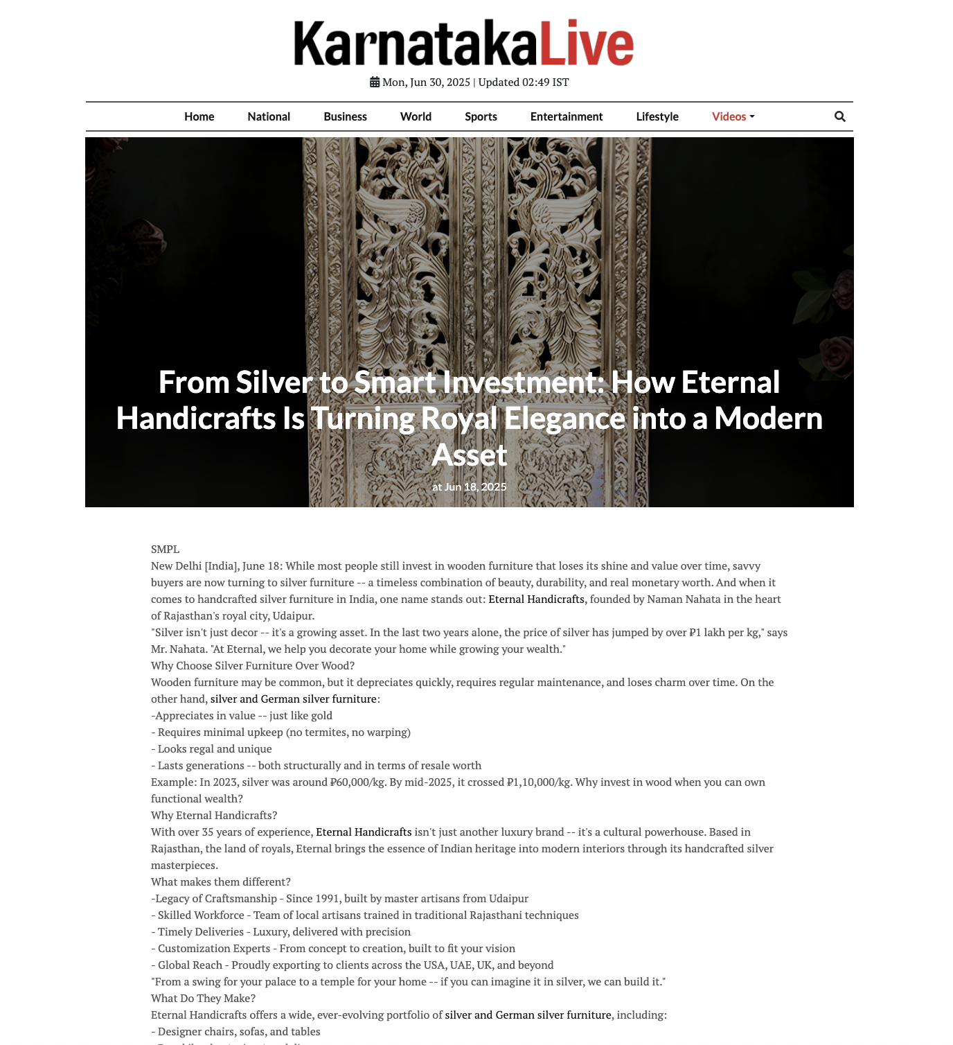 Article publish News | Eternal Handicrafts
