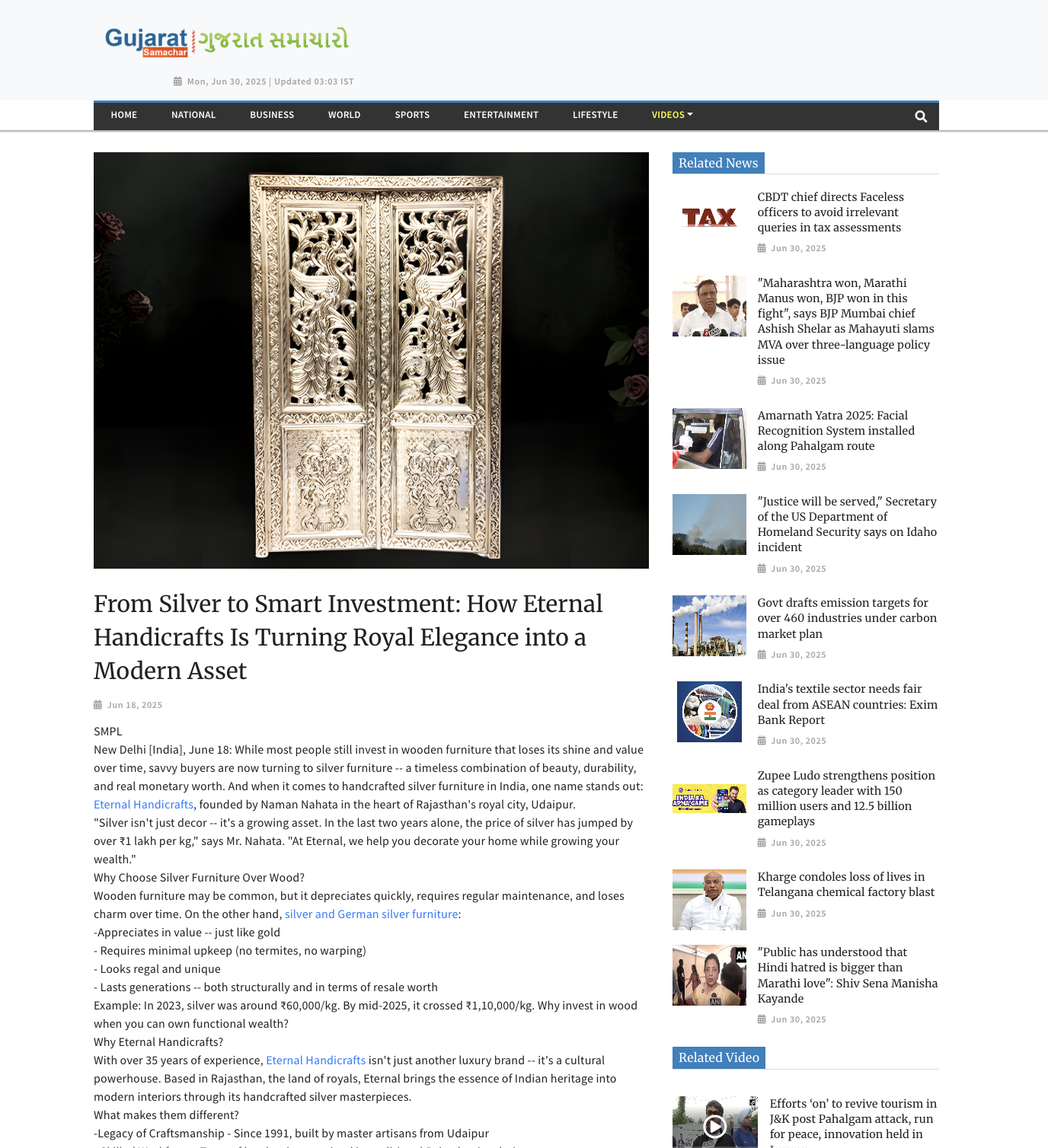 Article publish News | Eternal Handicrafts