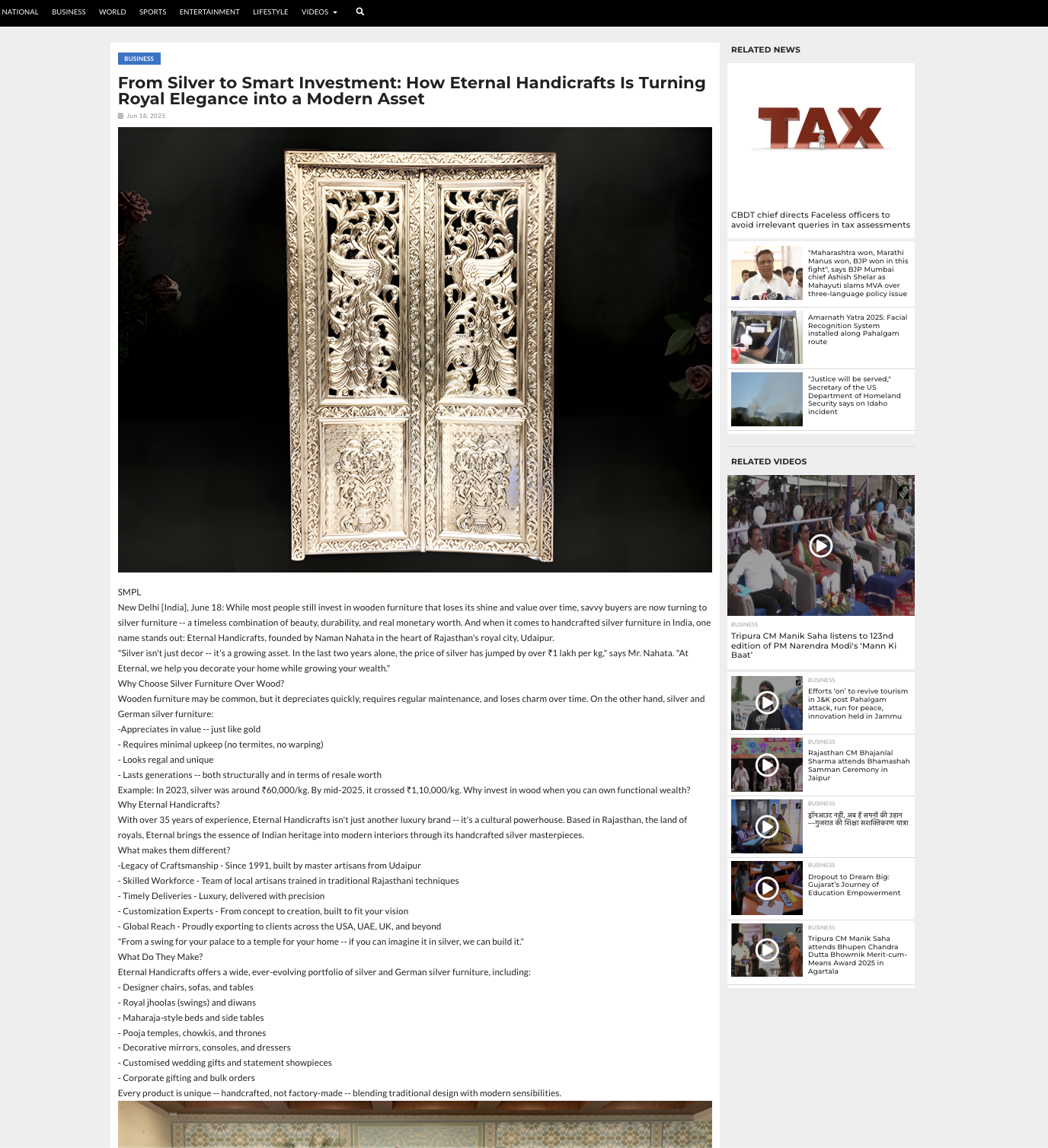 Article publish News | Eternal Handicrafts