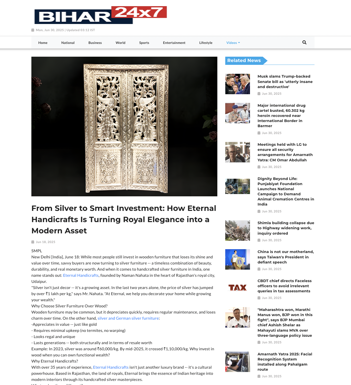 Article publish News | Eternal Handicrafts