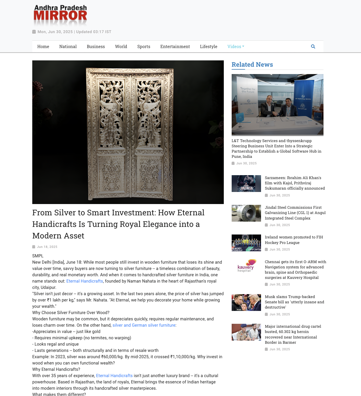 Article publish News | Eternal Handicrafts