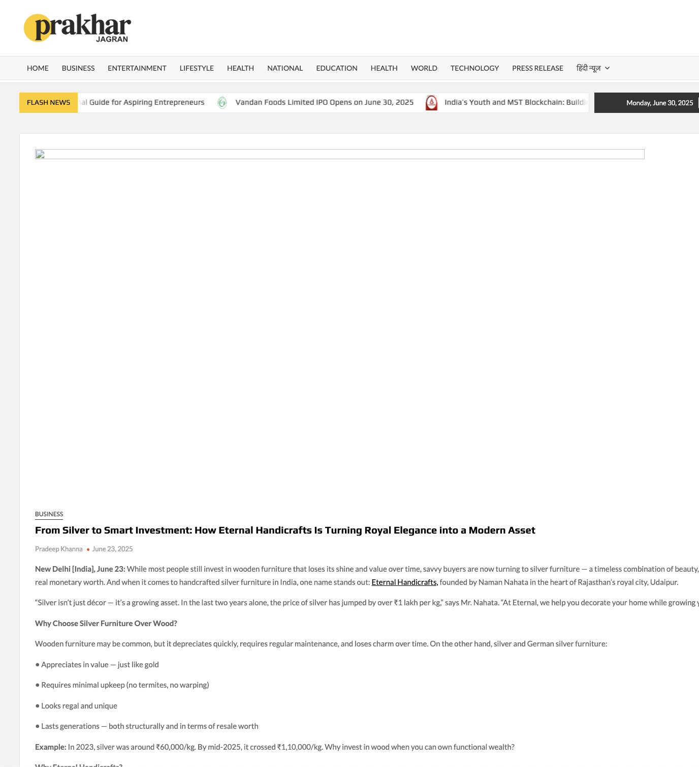 Article publish News | Eternal Handicrafts