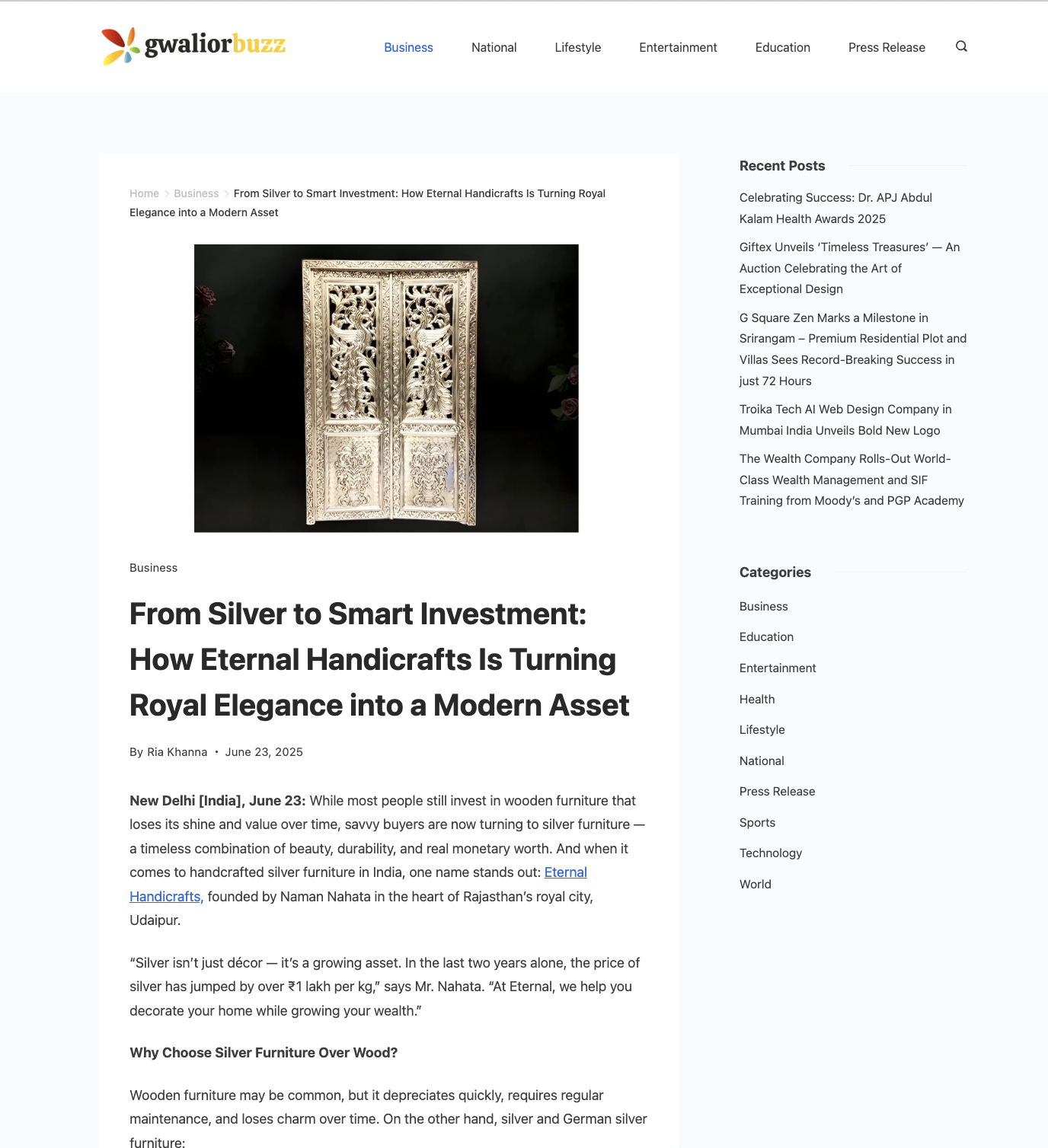 Article publish News | Eternal Handicrafts