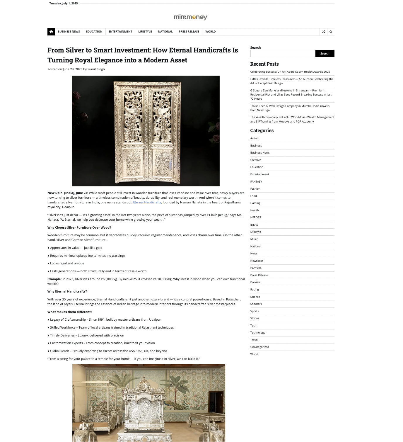 Article publish News | Eternal Handicrafts