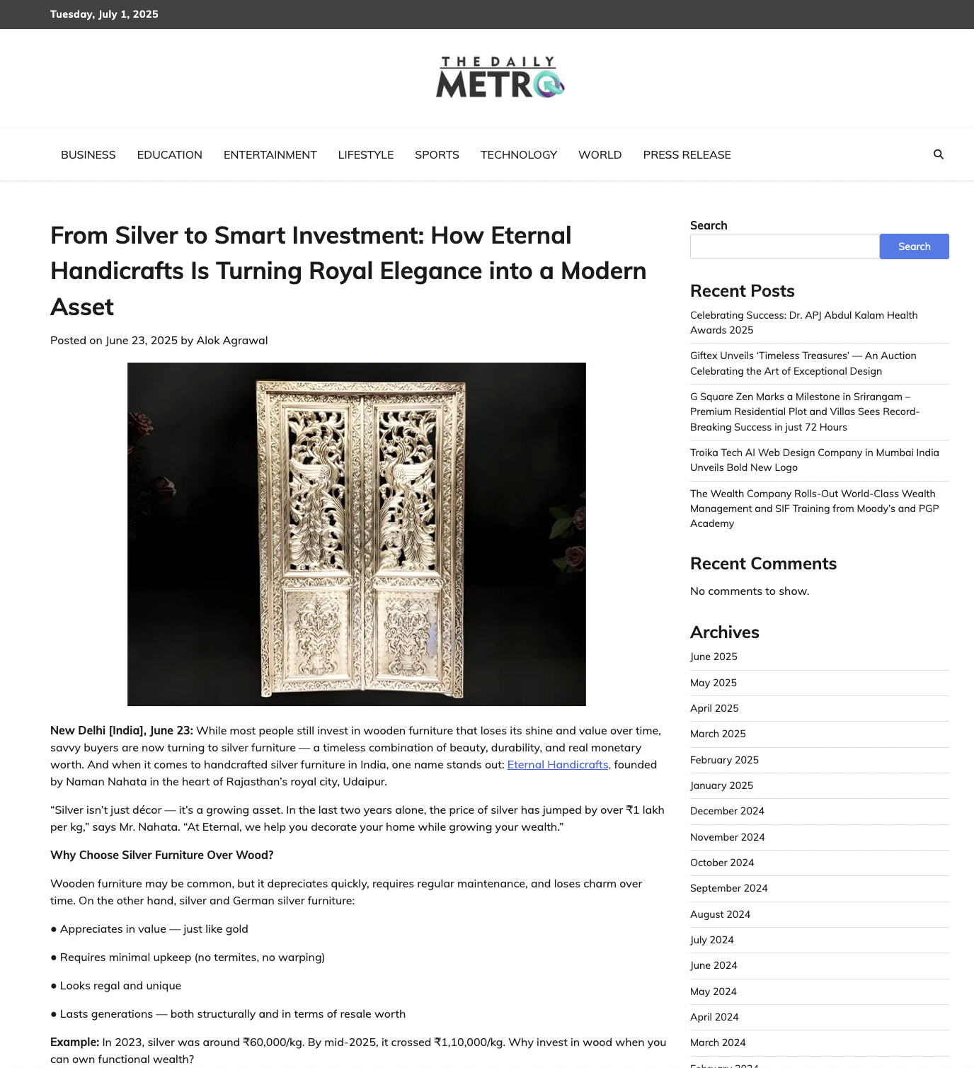Article publish News | Eternal Handicrafts