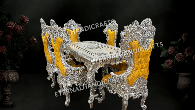 Royal Silver 6-Seater Dining Table Set with Yellow Cushion Chairs