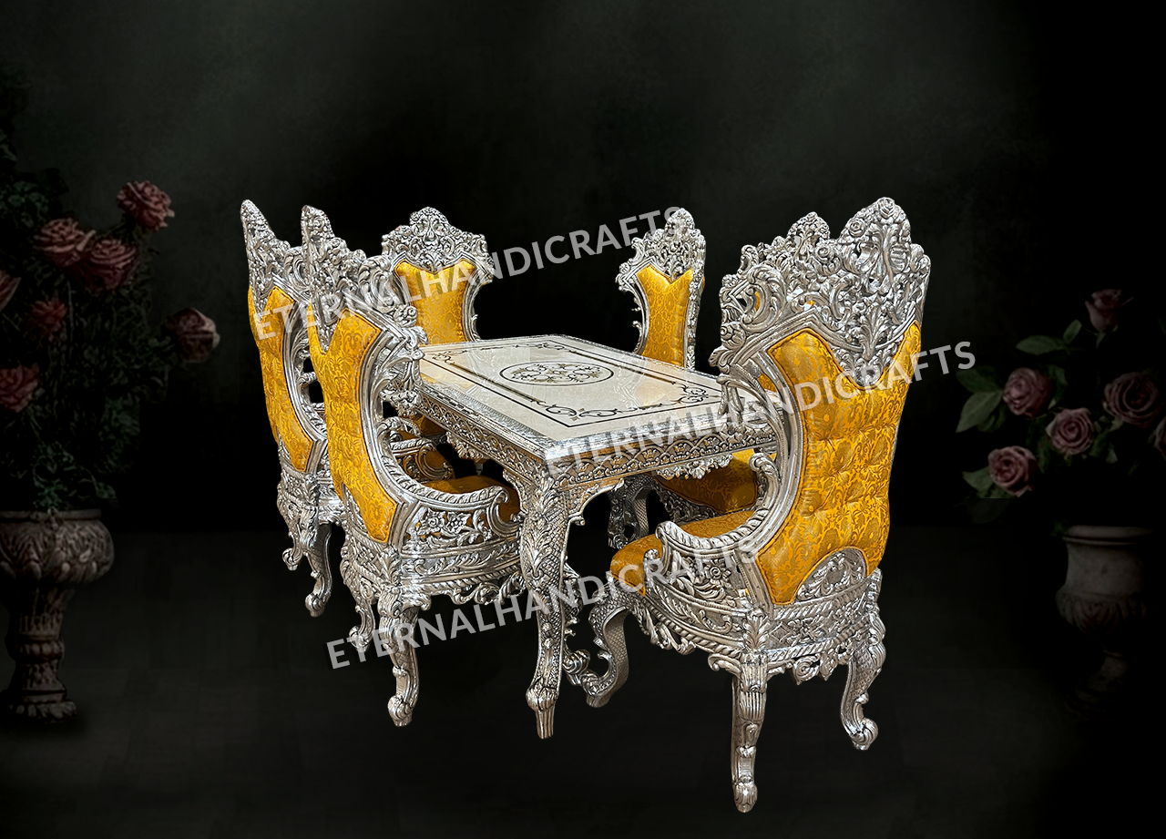 Royal Silver 6-Seater Dining Table Set with Yellow Cushion Chairs 04